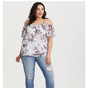 GREY FLORAL COLD SHOULDER CHIFFON BLOUSE